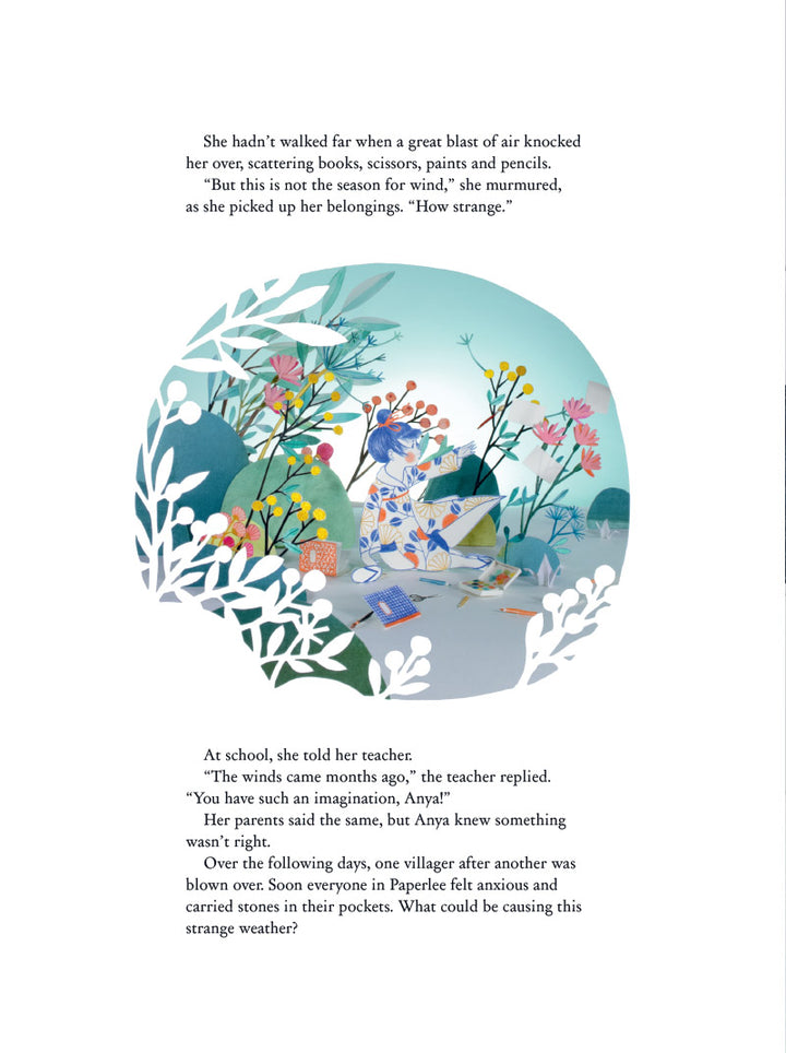 Illustrated book page with a child playing in a snowy landscape, surrounded by flowers and trees.
