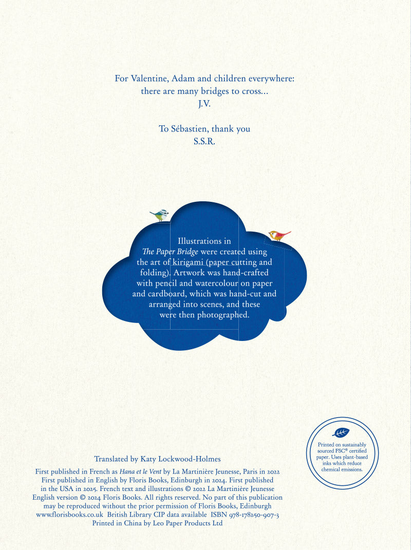 The Paper Bridge Book page with blue speech bubble and text on a white background