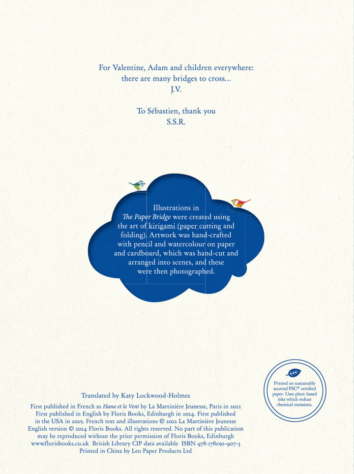 The Paper Bridge Book page with blue speech bubble and text on a white background