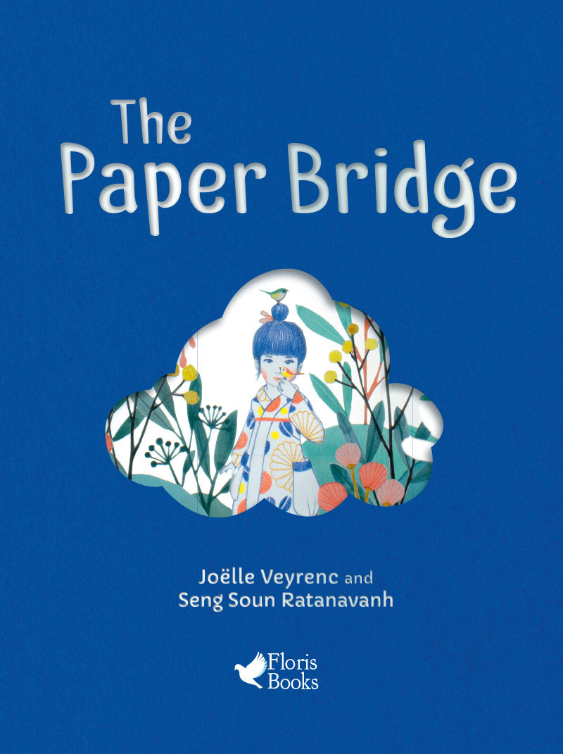 Inside Cover page of 'The Paper Bridge' with a blue background and illustration of a child and flowers.