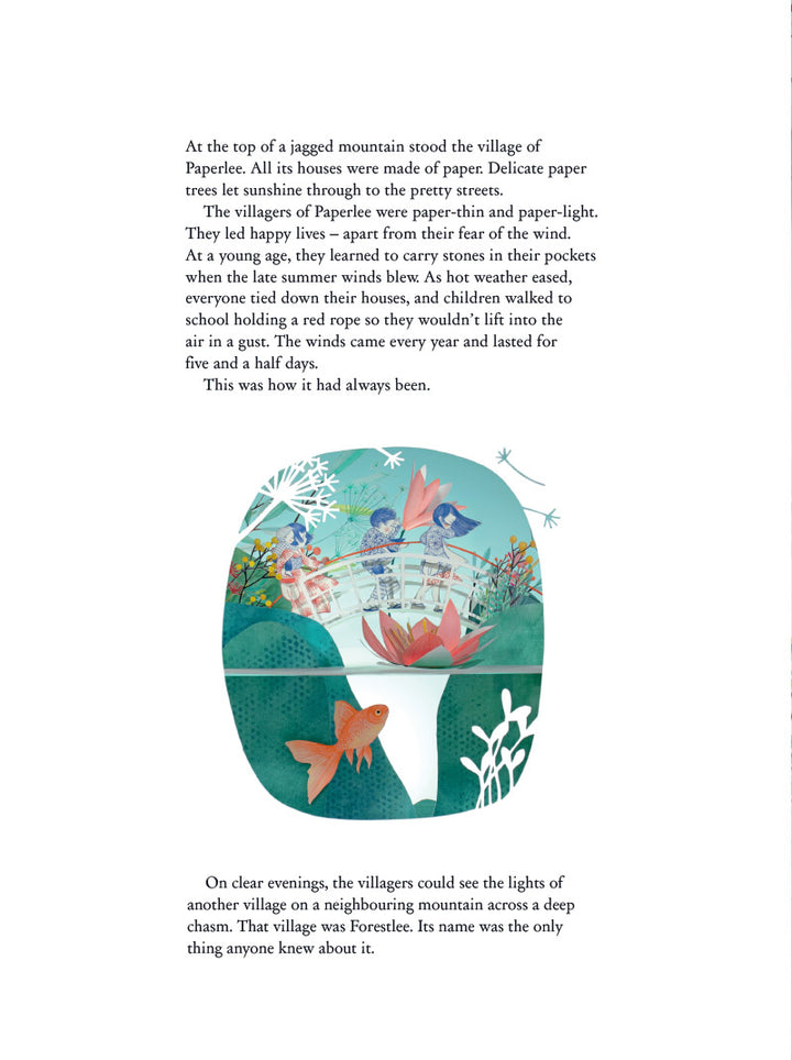 Page from a book with text and an illustration of children on a mountain.