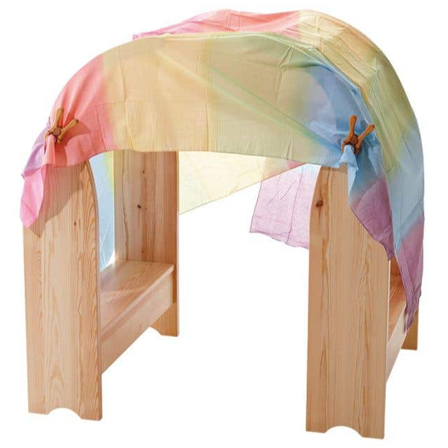 Children's playhouse with a colorful canopy and wooden frame on a white background