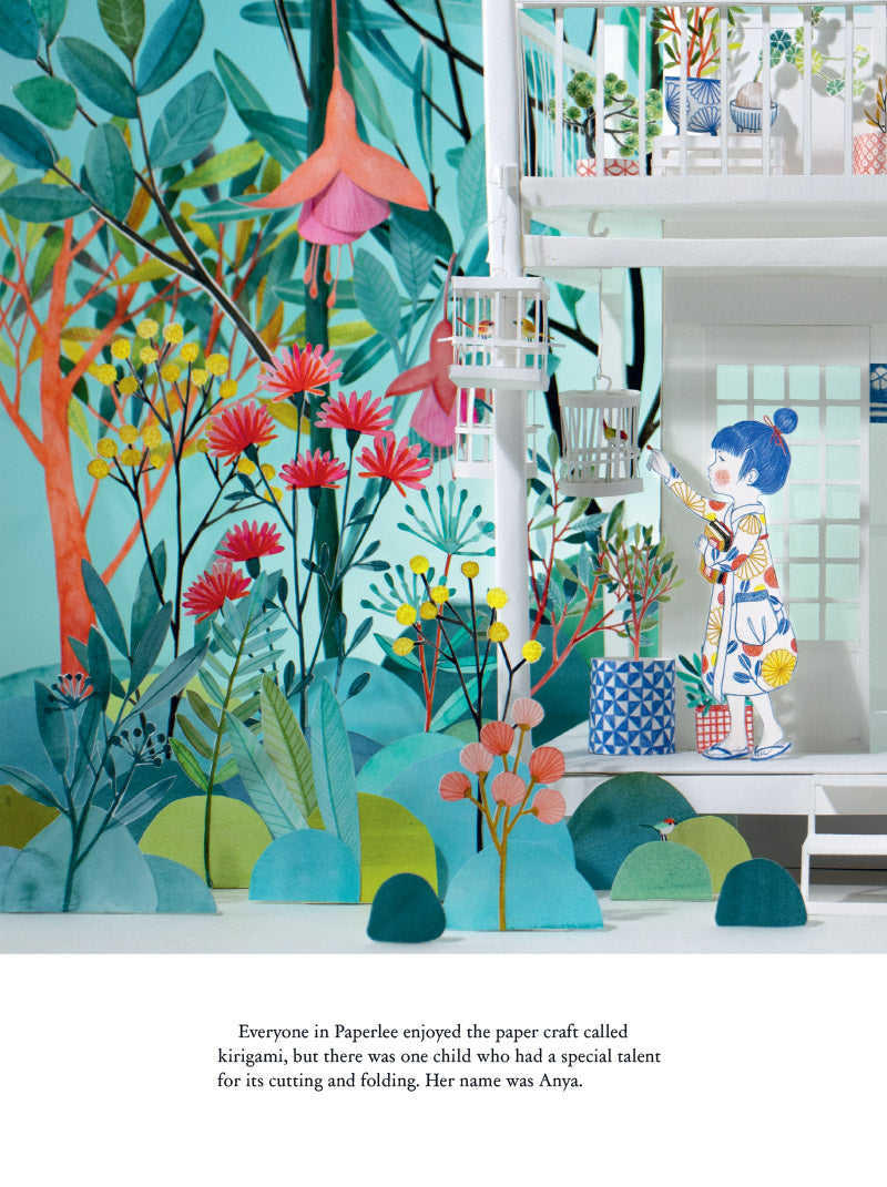 Colorful paper craft scene with a child and floral decorations in a modern room.