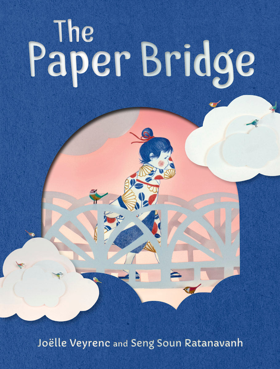 Book cover of 'The Paper Bridge' with a character on a bridge and clouds.
