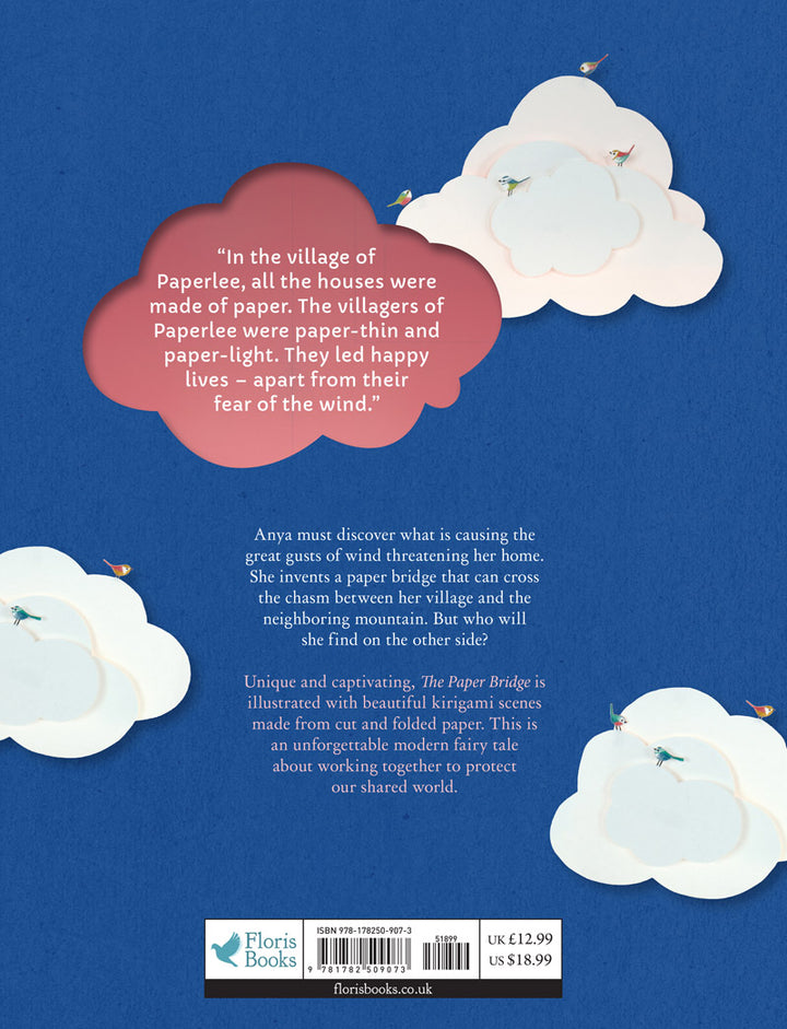 Back book cover for The Paper Bridge with paper cloud illustrations and text on a blue background