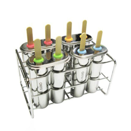 A stainless steel ice pop mold with two rows of molds for making double-style ice pops, equipped with colorful silicone rings and bamboo sticks.