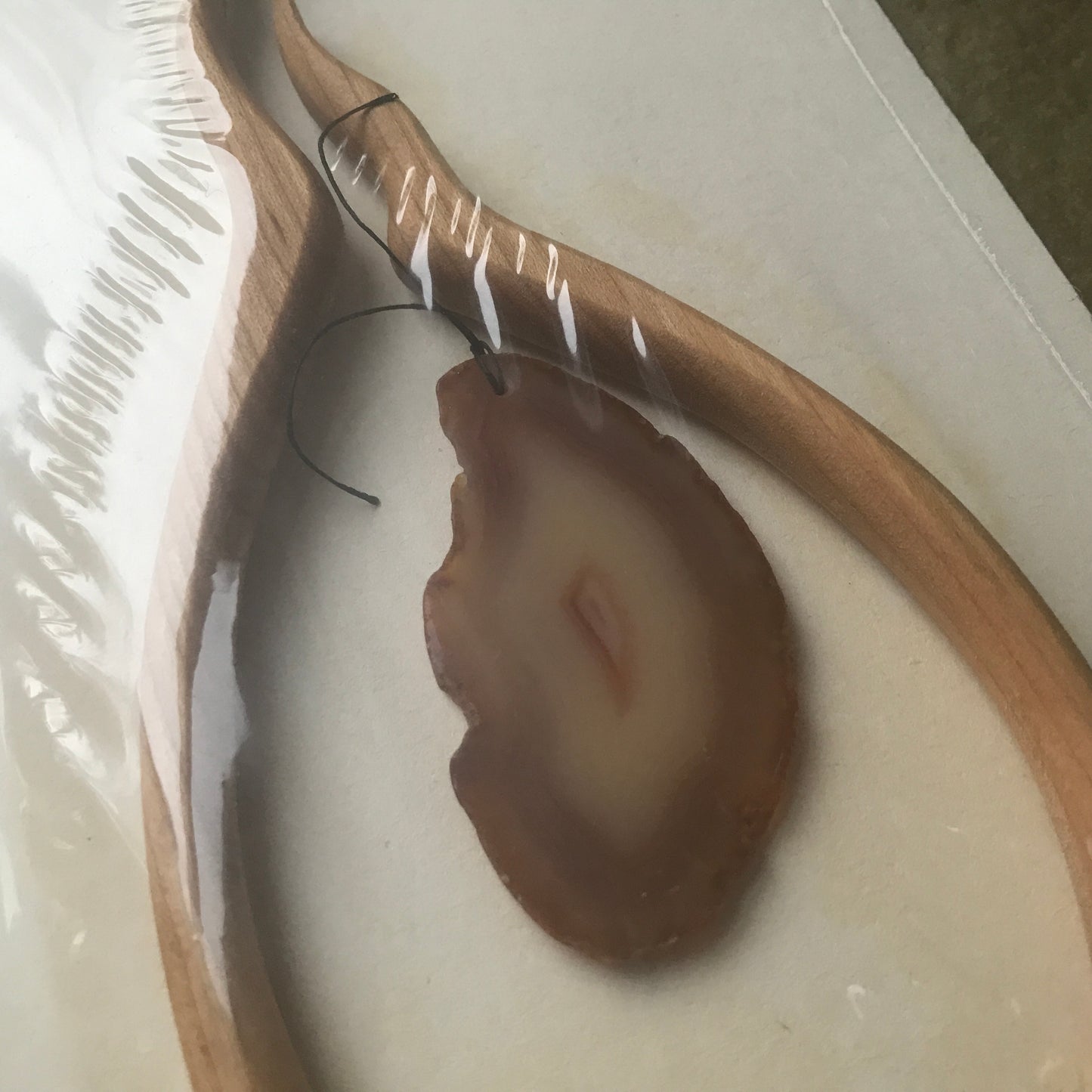 Fire with agate hanging window decoration (broken wood and cord needs reattachment)