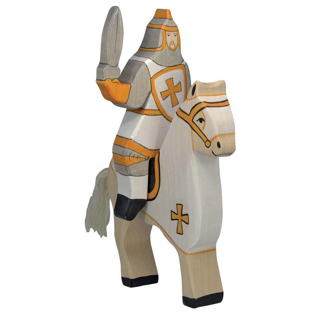 Holztiger white knight riding atop tournament horse