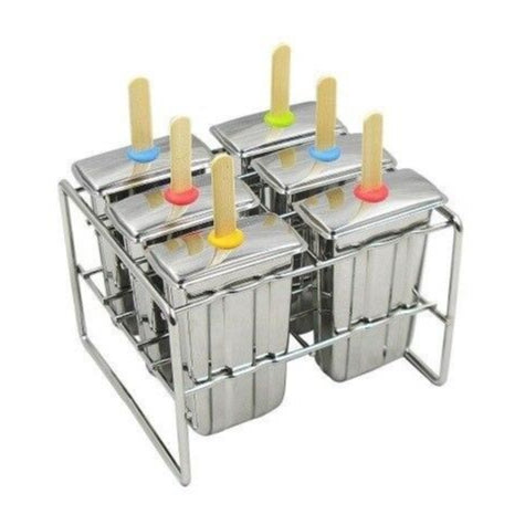 A stainless steel ice pop mold set with multiple molds fitted with colorful silicone rings and wooden sticks, arranged in a metal stand.