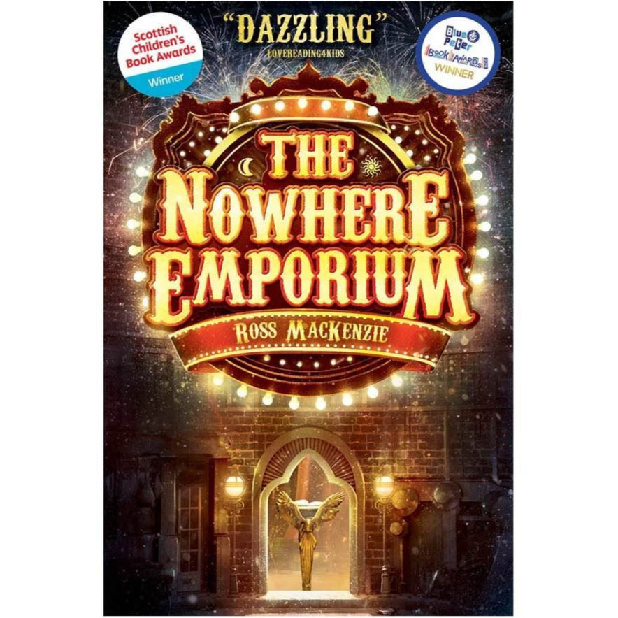 Cover of the book 'The Nowhere Emporium' showing a dramatic entrance to a building with a sign above it, against a night sky, suggesting a magical or fantasy setting.