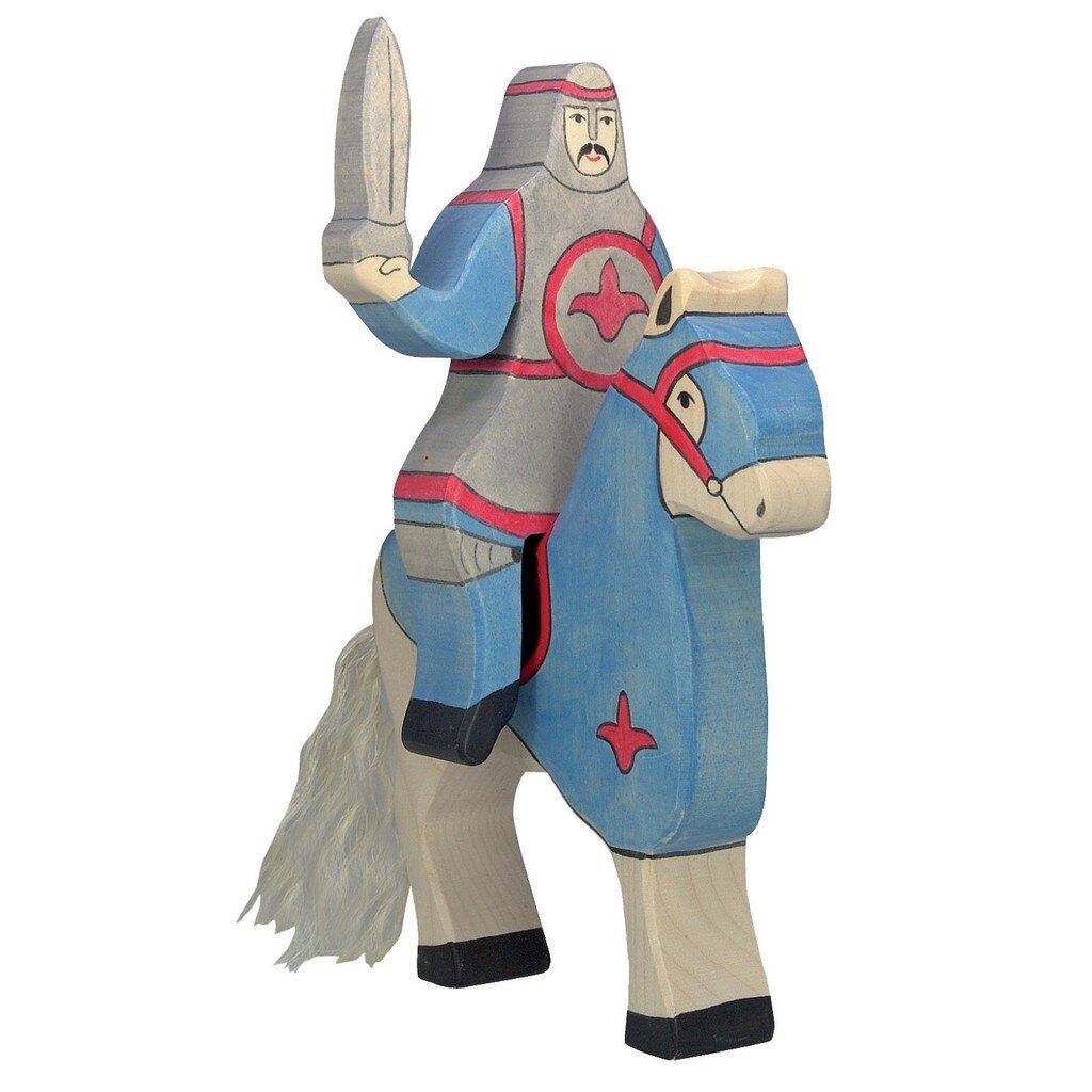 Holztiger blue knight with sword, riding atop horse
