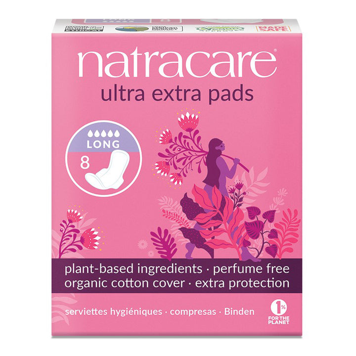 NatraCare Organic Cotton Ultra Extra Pads with Wings, Long 8 ct