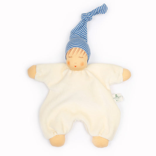 sleeping grasping doll, blue striped cap