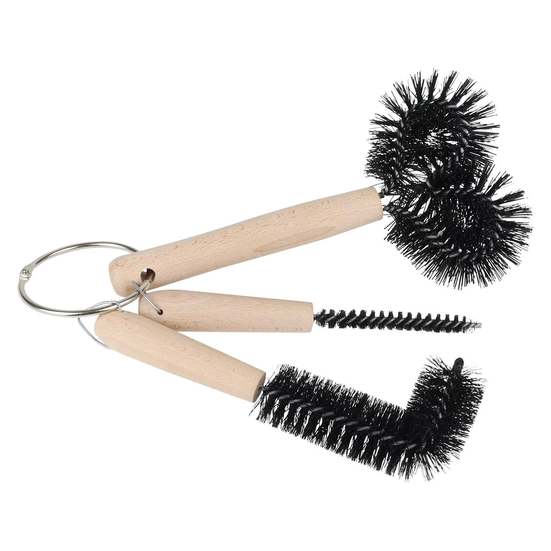 Set of three wooden cleaning brushes with black bristles on a white background