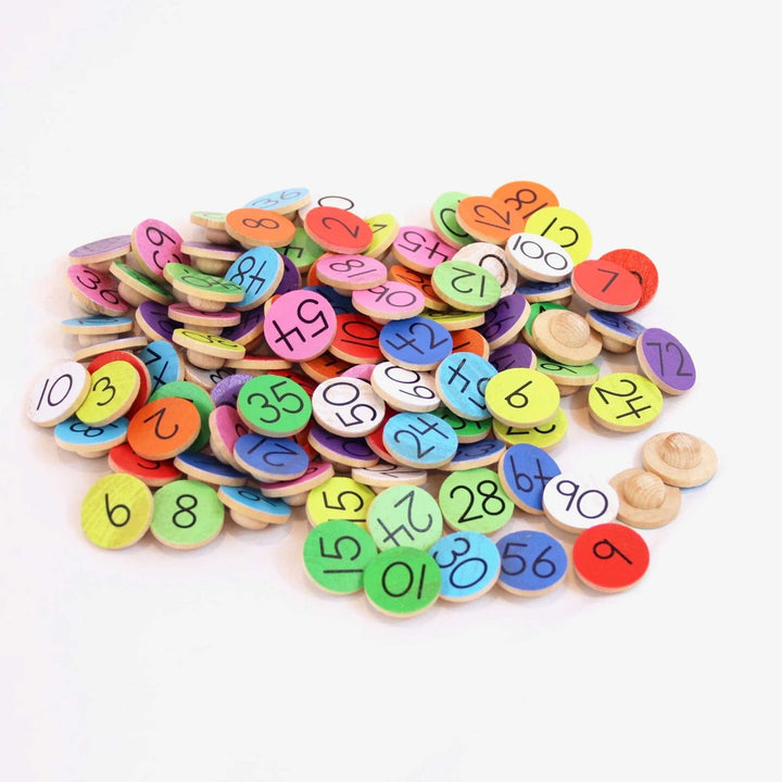Multiplication coins with pegs for hundred board