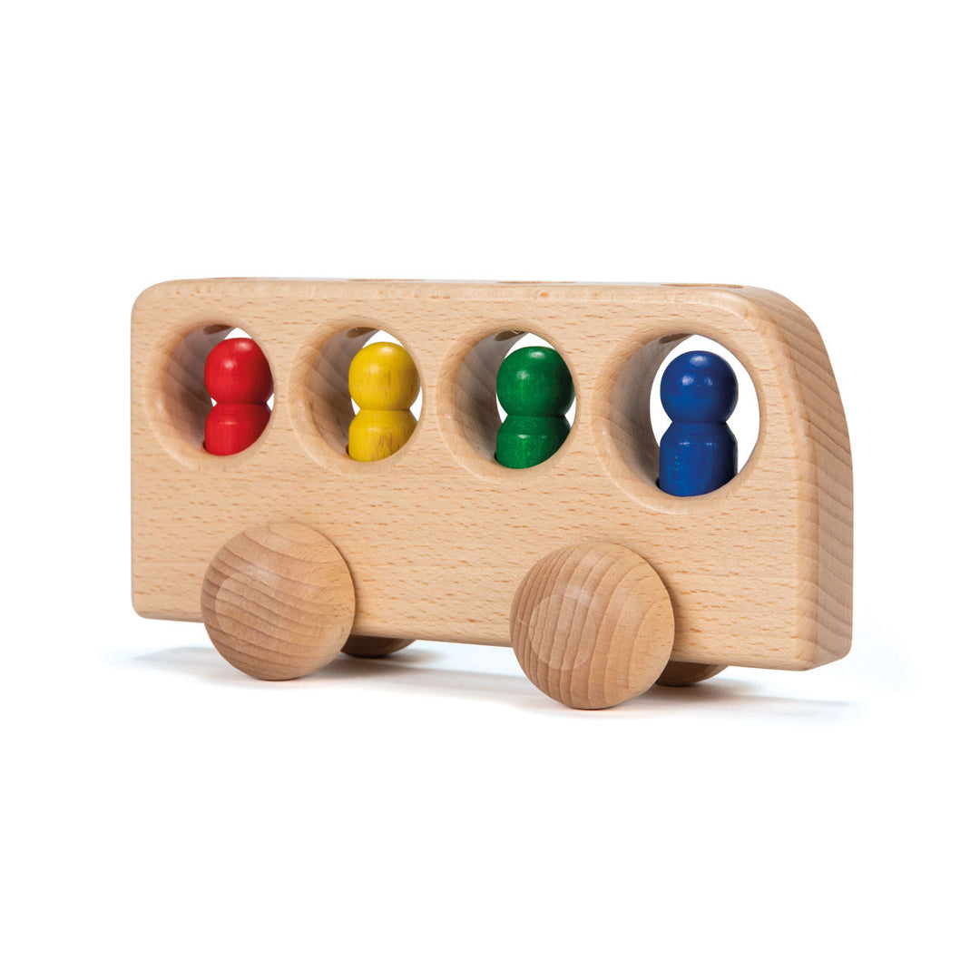 Ostheimer wooden toy bus with colorful pegs on a white background