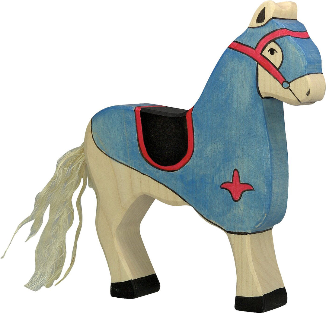 Holztiger blue knight with sword riding atop horse