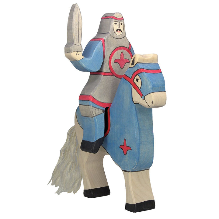 Holztiger blue knight with sword riding atop horse