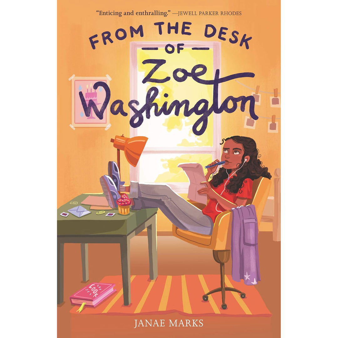 Book cover of 'From the Desk of Zoe Washington' with a character sitting at a desk, with feet up, and with pen and paper and wearing headphones.