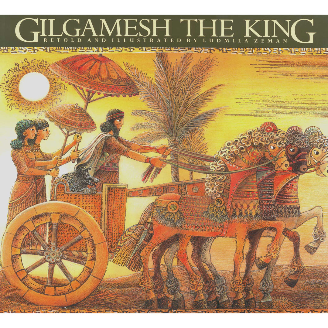 Book cover of 'Gilgamesh the King' with illustration of chariot and figures.