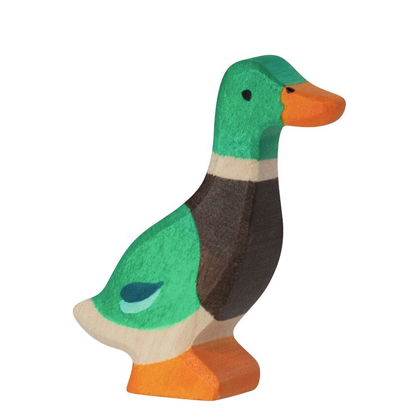 Wooden toy Holztiger brand male duck figurine with green body, wings, and orange beak on a white background