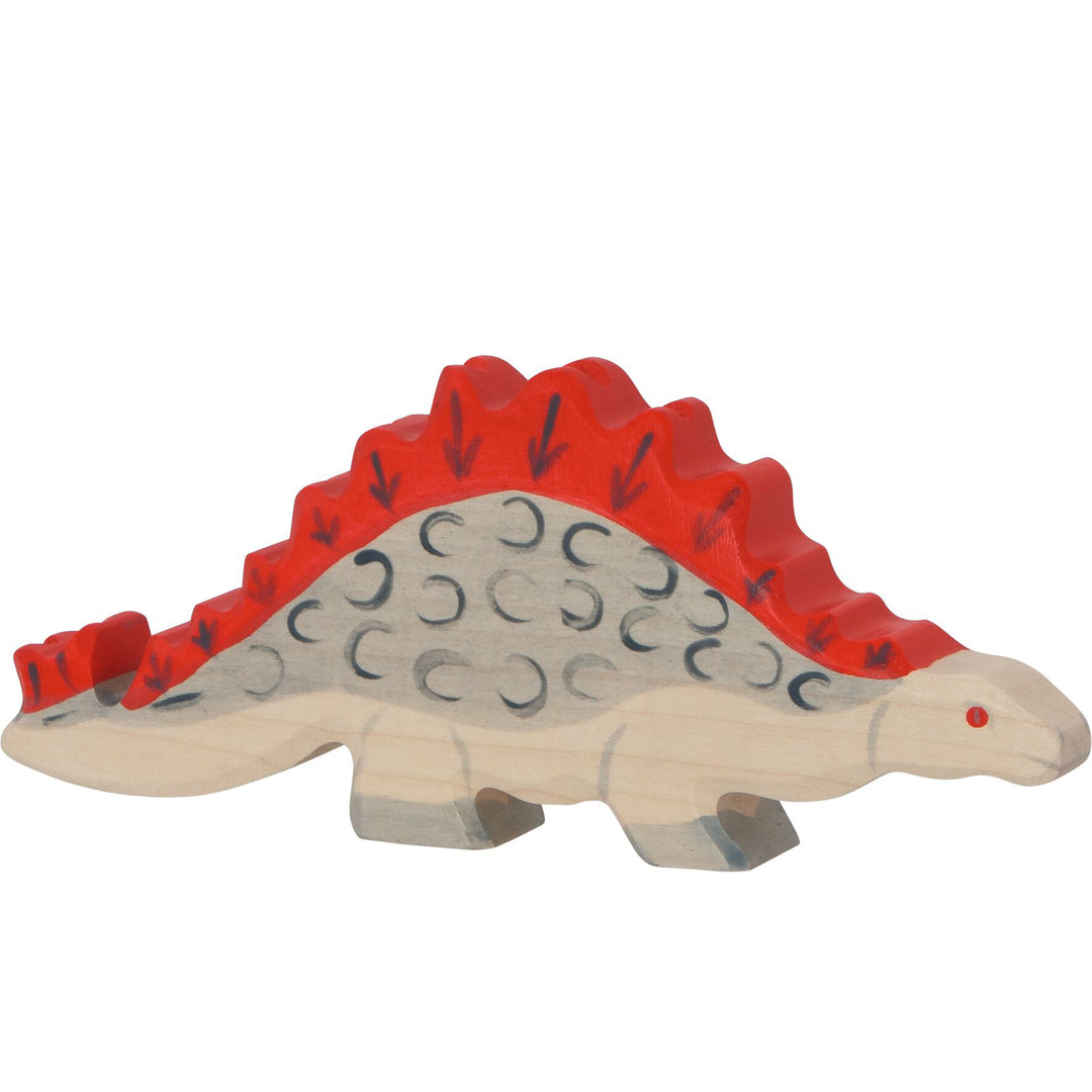 Holztiger brand wooden toy dinosaur with red and grey back plates on a white background