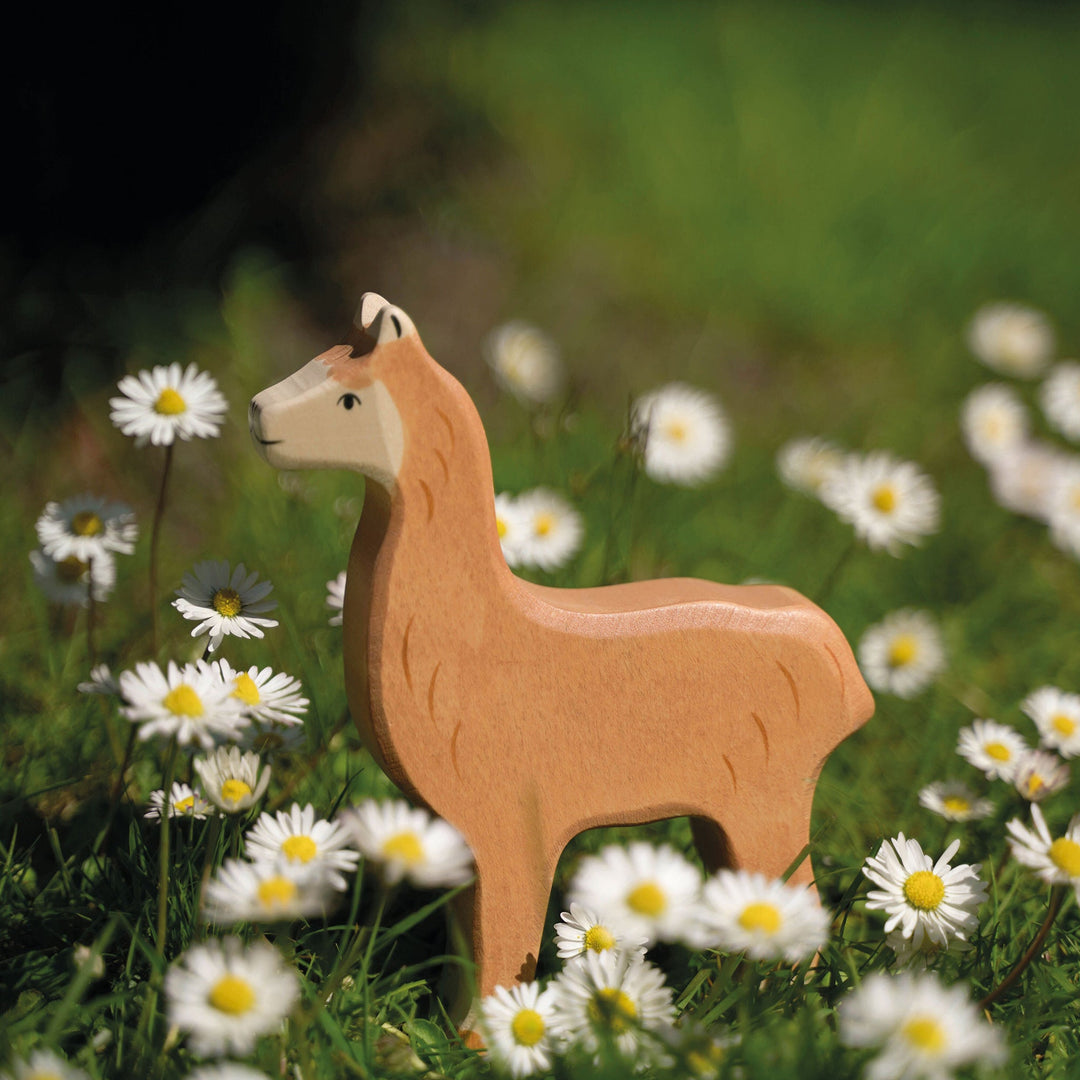 Holztiger Wooden alpaca toy standing in a field of daisies