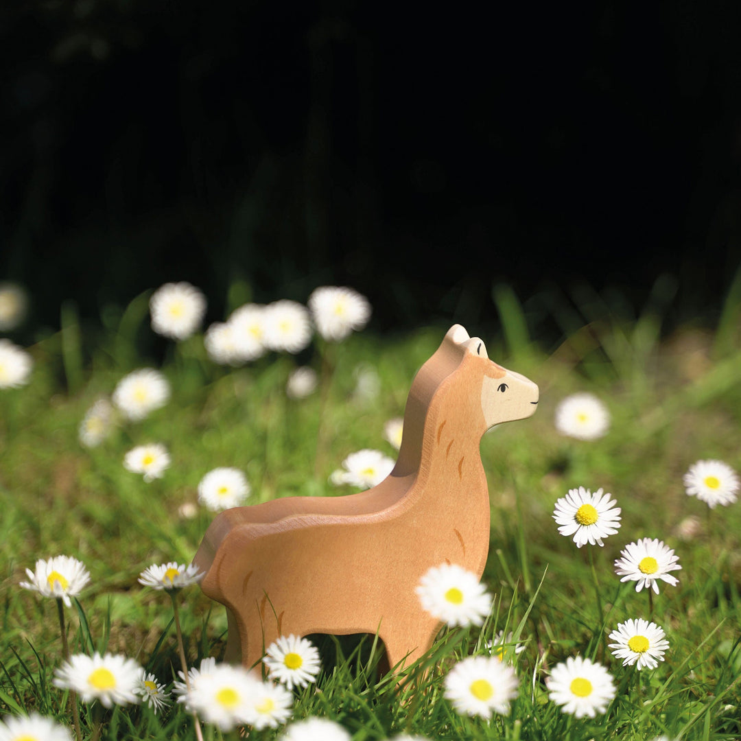 Holztiger brand wooden alpaca toy figurine in a field of daisies with a blurred natural background
