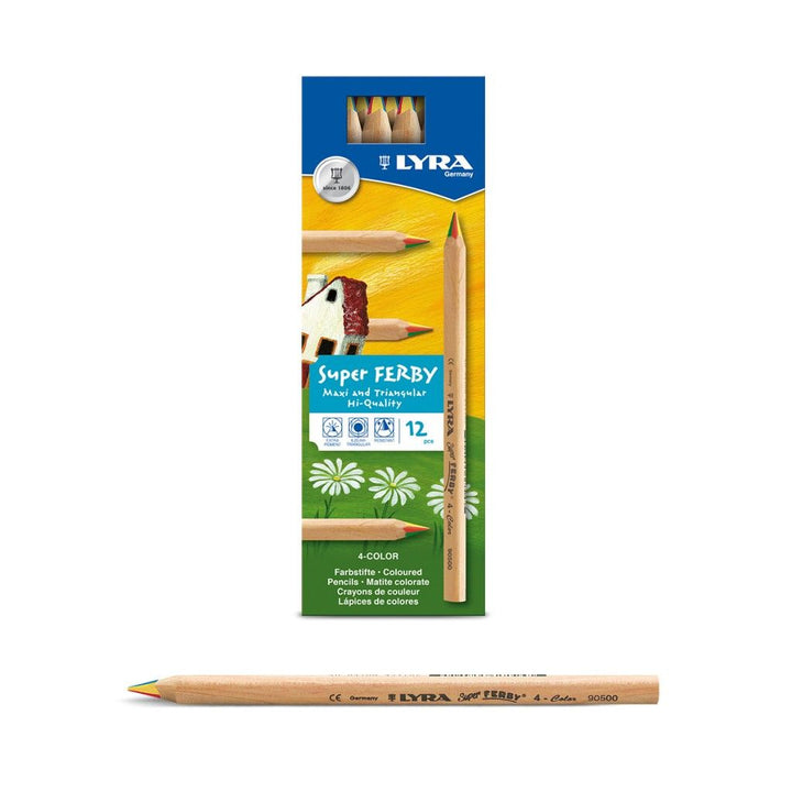 LYRA Super Ferby rainbow multi-coloured pencils in a box with a pencil in front on a white background