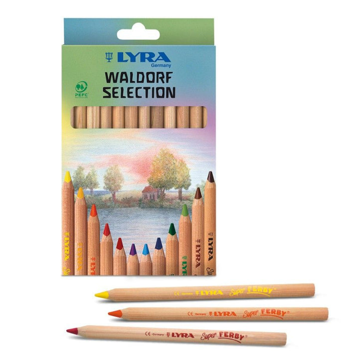 LYRA Waldorf Selection colored pencils in packaging with two pencils displayed in front.