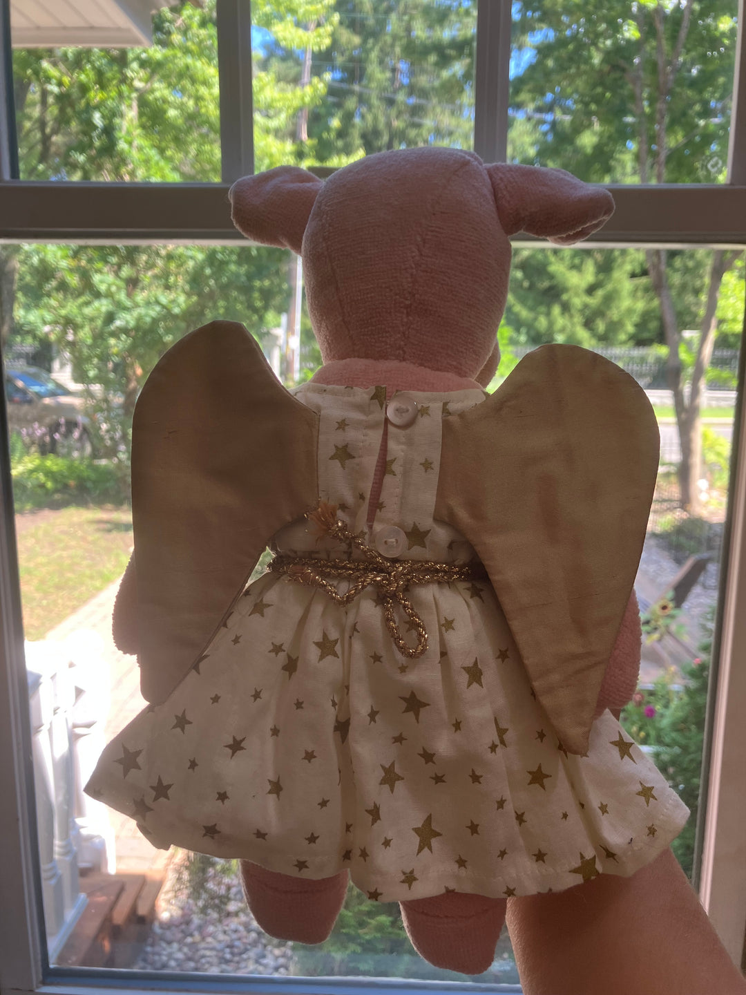 Senger plush Angel pig with wings with star pattern dress held in front of a window