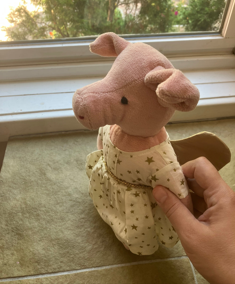 Person holding a plush Senger Angel Pig next to a window with a view of trees