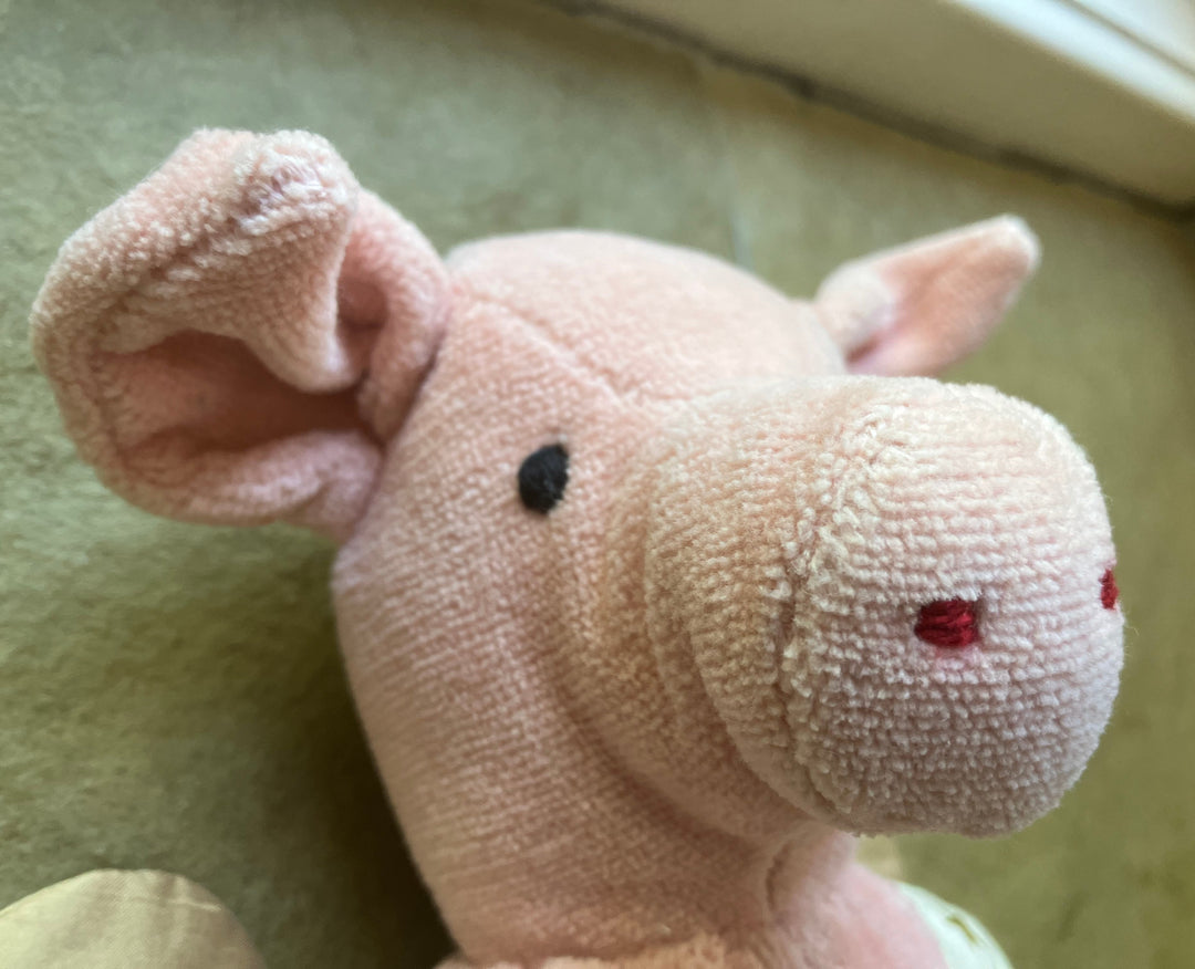 Close-up of a plush toy pig from Senger of Germany.