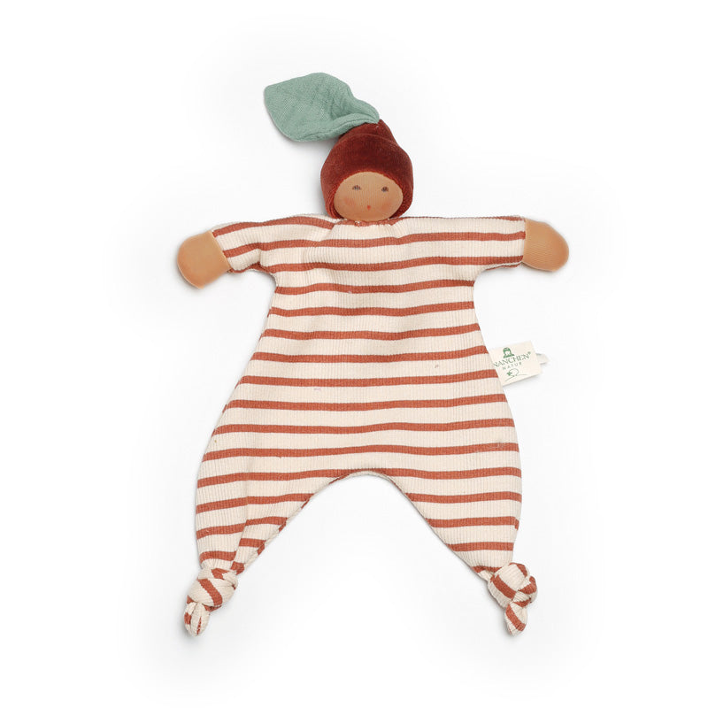 Nanchen Natur organic cotton plush doll with a chestnut-colored body and striped details, featuring a hand-painted face.