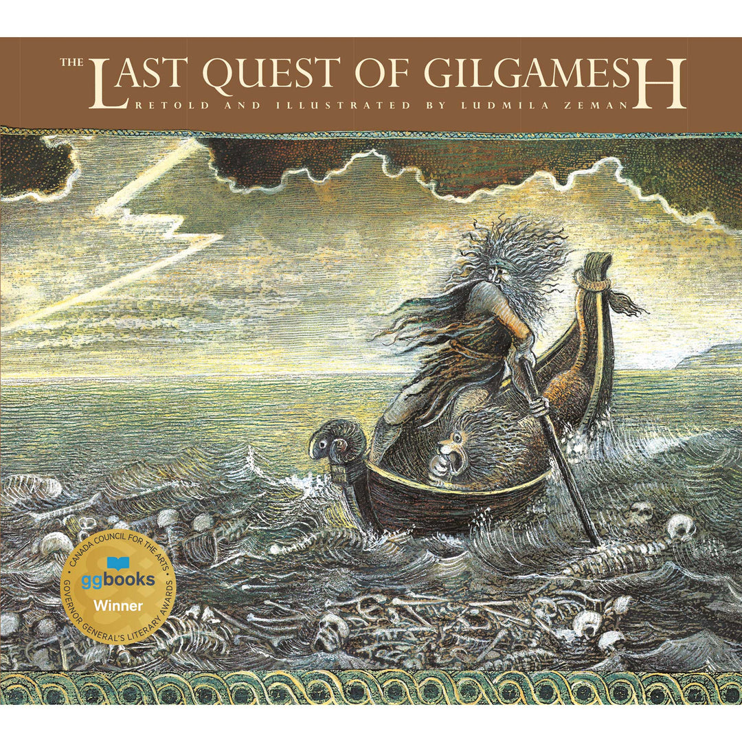Book cover of 'The Last Quest of Gilgamesh' with illustration of a warrior in a boat.