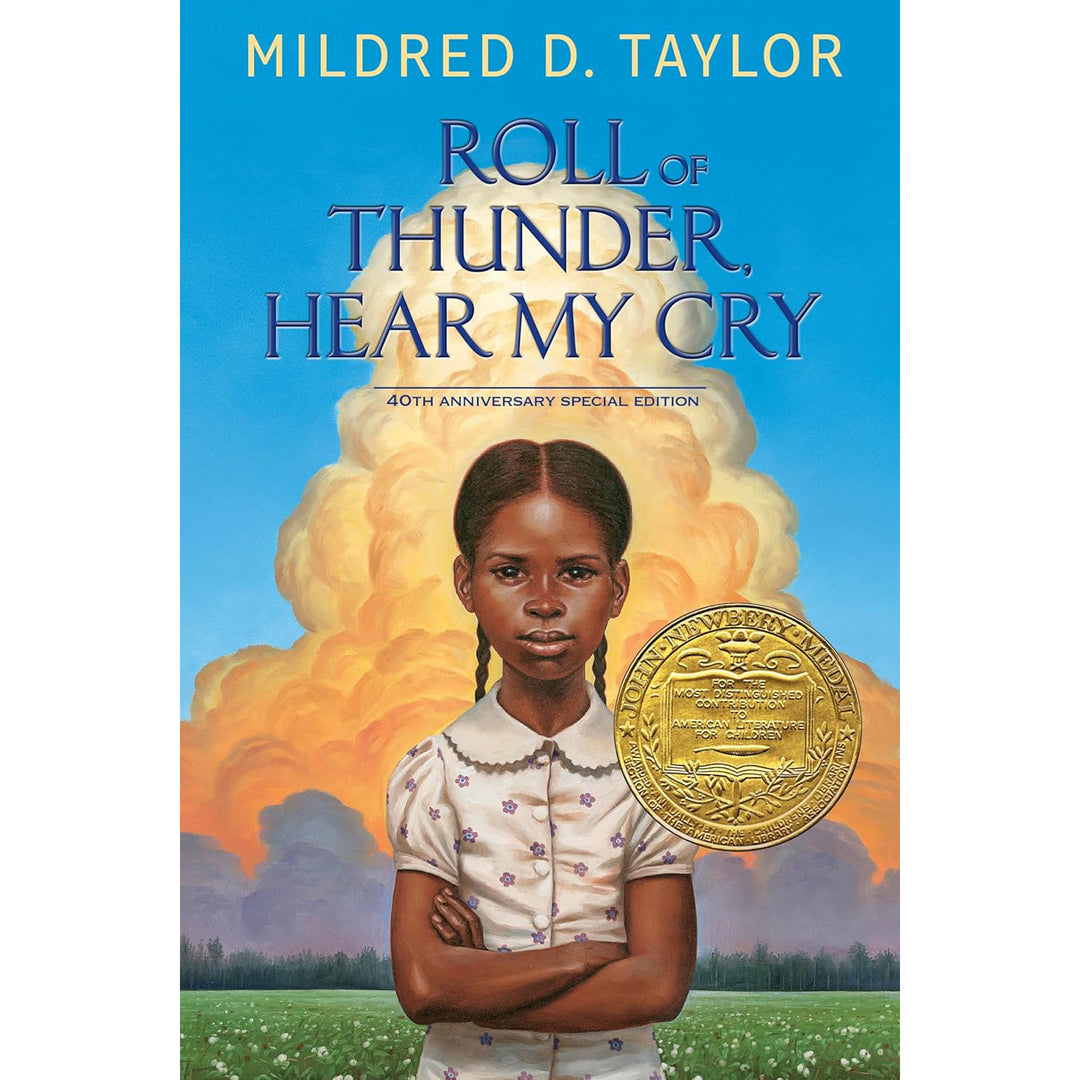 Front cover of book Roll of Thunder, Hear My Cry by Mildred D. Taylor.  Girl with 2 braids and middle part, wearing collared button-upshirt, with arms crossed against background of meadow and blue sky with rolling thunderclouds forming
