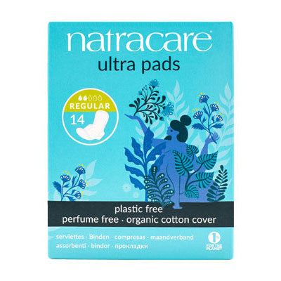 Box of Natracare ultra pads with blue design and text on a white background