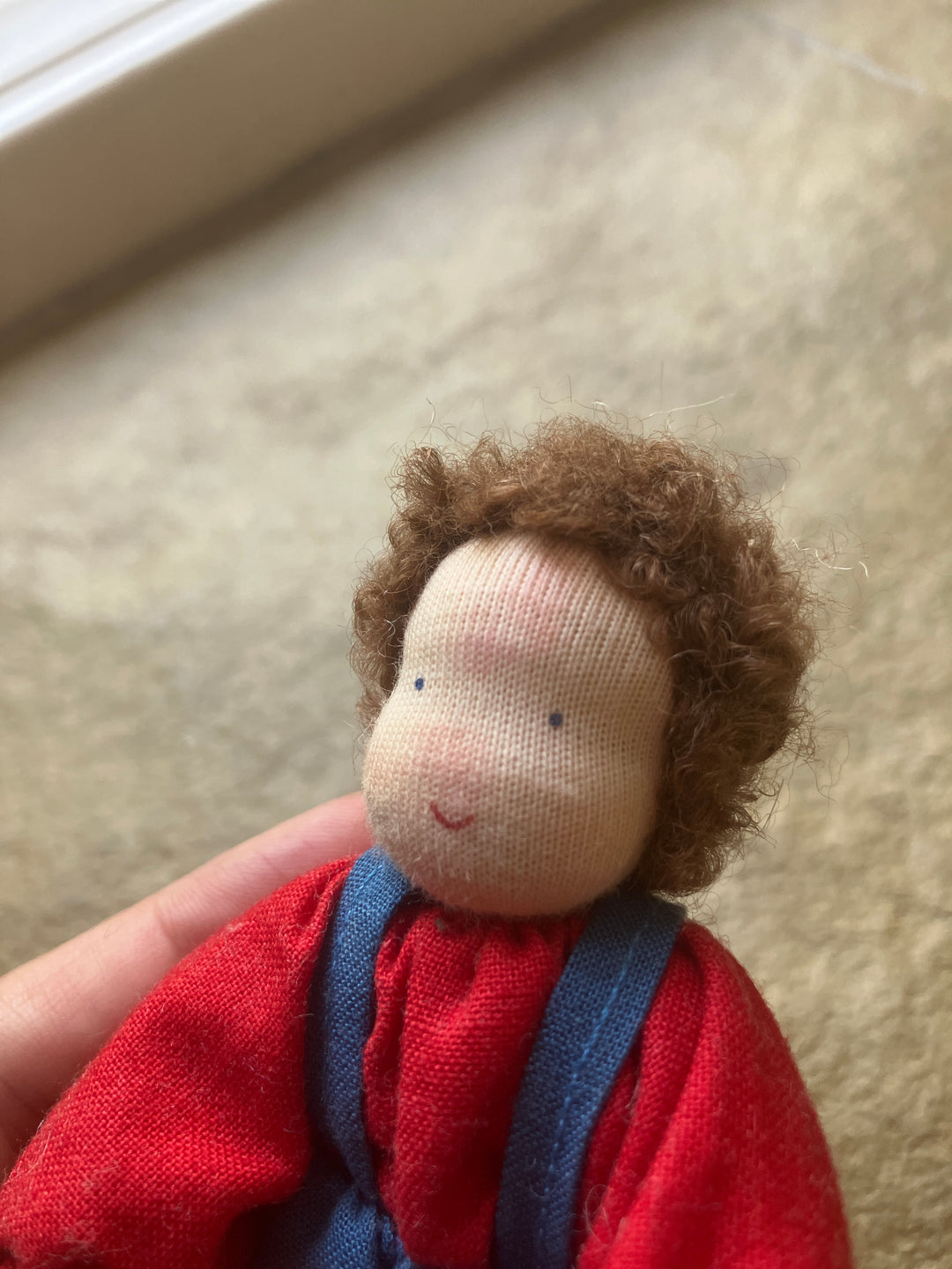 Grimm's dollhouse doll, brunette with pants and suspenders (gently played)