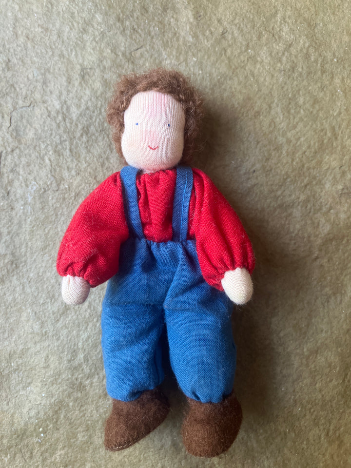 Grimm's dollhouse doll, brunette with pants and suspenders (gently played)