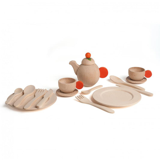 wooden place setting for 2, with teaset