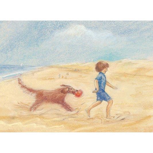 child and dog on the beach postcard