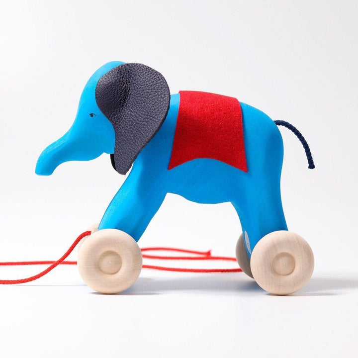 large pull along elephant, blue
