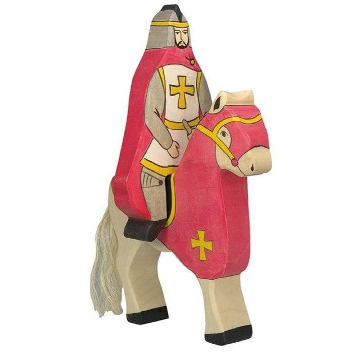 Holztiger red knight with cloak, riding atop tournament horse