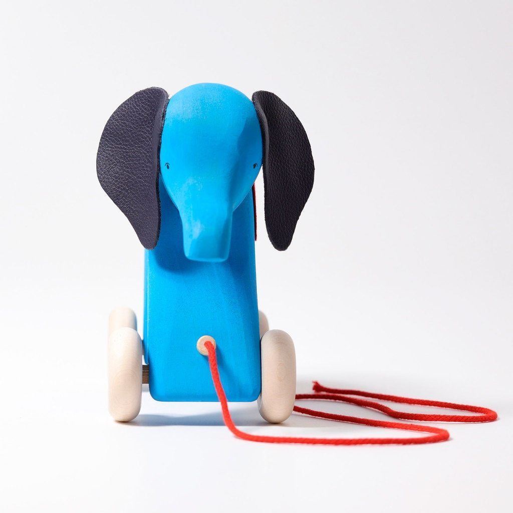 large pull along elephant, blue