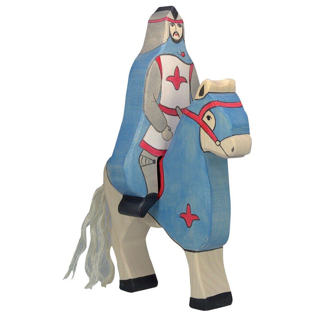 Holztiger blue knight with cloak, riding atop horse