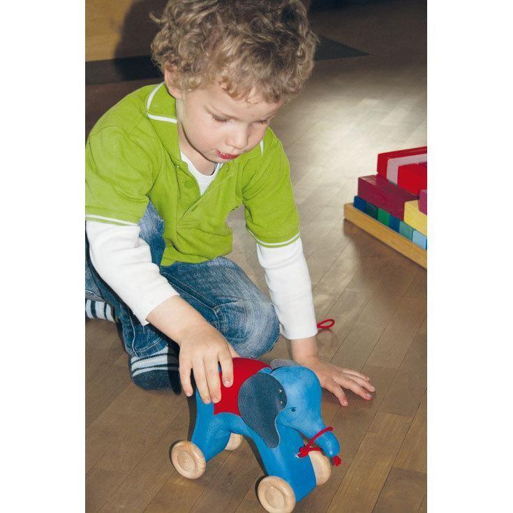 large pull along elephant, blue