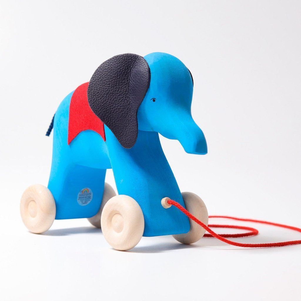 large pull along elephant, blue
