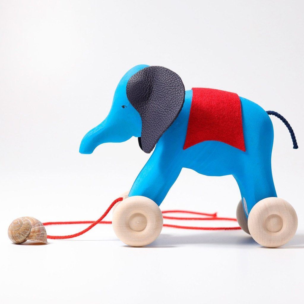 large pull along elephant, blue