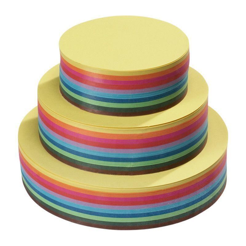 Stack of round, multicolored paper sheets arranged in a pyramid shape, with colors including yellow, blue, green, red, and purple.