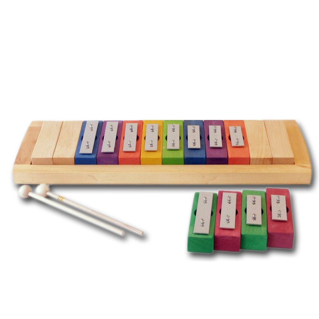 Expandable rainbow pentatonic glockenspiels with removable notes, 8-note pentatonic with 4 block spacers
